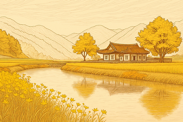 JPG 나무 전통 일러스트 자연 하늘 산 주택 풍경 강 반사 평화 소리 고요 들꽃 가을 시골 개울 조용 뷰티풀 AI일러스트 AI콘텐츠 식물 계절 꽃 컨셉 건물 생태계 파일형식