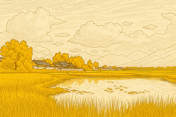 JPG 구름 전통 일러스트 자연 하늘 한국 초가집 풍경 초원 평화 마을 고요 금색 수확 가을 농촌 연못 물가 풍경화 AI일러스트 AI콘텐츠 자연요소 계절 아시아 컬러 컨셉 농업 한옥 시골 그림 생태계 파일형식