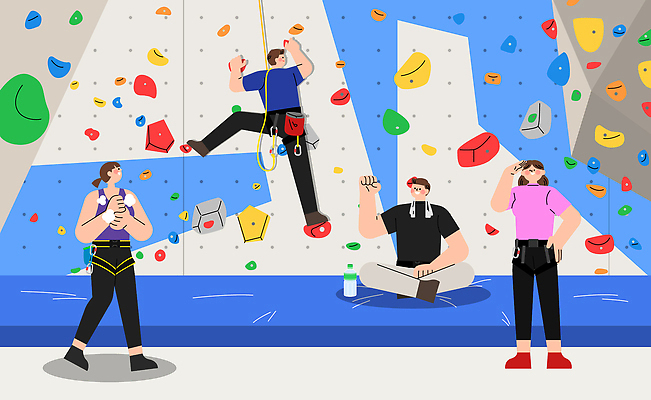 여자 남자 밧줄 스포츠 컬러 일러스트 응원 모션 협력 취미 여름 운동 대기 즐거움 체육관 암벽등반 안전벨트 국내일러스트 AI파일 계절 감정 줄 건강 안전 사람 등산 파일형식 벡터