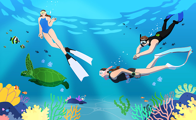 동물 수영복 바다 일러스트 자연 어류 취미 친구 수중 수영 수중동물 탐험 수상스포츠 산호 거북이 즐거움 다이빙 수족관 수중사진 국내일러스트 AI파일 옷 감정 스포츠 관계 파충류 자포동물 생태계 수중스포츠 파일형식 벡터