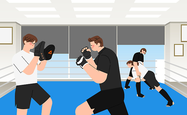 스포츠 일러스트 수업 운동선수 기술 경기 취미 운동복 운동 힘 권투 활발 체험 그룹 결심 집중 연습 동료 체육관 국내일러스트 AI파일 옷 교육 컨셉 관계 건강 격투기 파일형식 벡터