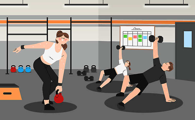 전신 여자 남자 스포츠 다이어트 일러스트 모션 스튜디오 건강 취미 운동 헬스 아령 연습 모던 체육관 근력 유산소운동 케틀벨 국내일러스트 GX AI파일 사람 파일형식 벡터