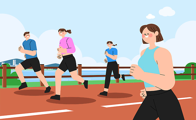 호수 스포츠 일러스트 모션 레저 협력 건강 취미 야외 일상 여름 운동복 달리기 운동 힘 자유 즐거움 트랙 국내일러스트 AI파일 옷 계절 감정 컨셉 라이프 파일형식 벡터