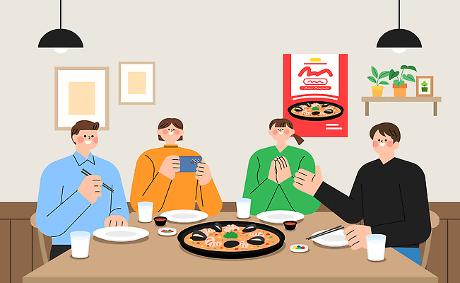 행복 한식 일러스트 식탁 함께함 대화 요리 취미 친구 레스토랑 식사 모임 만남 시간 맛 편안함 즐거움 국수 소통 국내일러스트 AI파일 감정 음식 컨셉 관계 탁자 말하기 식당 면류 감각 파일형식 벡터