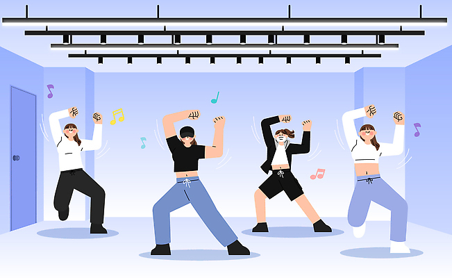 음악 포즈 백그라운드 일러스트 모션 스튜디오 조명 여러명 취미 에너지 무대 표현 춤 그룹 균형 연습 즐거움 상쾌 리듬 스타일 국내일러스트 AI파일 감정 다수 문화예술 사람 파일형식 벡터
