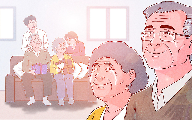 PSD 기념일 할아버지 행복 할머니 어린이 일러스트 가족 따뜻함 대화 선물 사랑 웃음 성인 부모 화목 기쁨 모임 축하 추억 순간 지원 국내일러스트 여자 노년 남자 감정 컨셉 관계 표정 말하기 사람 이벤트 파일형식