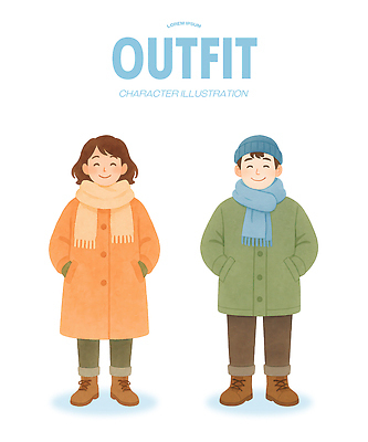 PSD 캐릭터 옷 패션 컬러 겨울 일러스트 따뜻함 표정 아웃도어 웃음 일상 스카프 외투 청바지 도시 즐거움 오브젝트 스타일 국내일러스트 계절 감정 상의 바지 라이프 목도리 파일형식