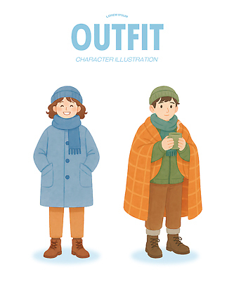 PSD 캐릭터 모자 디자인 옷 패션 감정 겨울 일러스트 따뜻함 두명 파란색 주황색 외투 표현 분위기 담요 기본 나란히 스타일 국내일러스트 잡화 계절 컬러 컨셉 상의 사람 파일형식