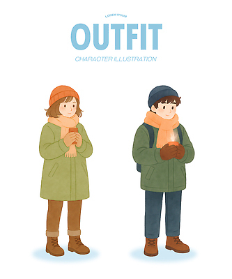 PSD 캐릭터 모자 옷 패션 컬러 장갑 겨울 일러스트 따뜻함 소녀 소년 두명 캐주얼 친구 외투 편안함 스타일 국내일러스트 잡화 계절 여자 남자 어린이 상의 관계 사람 감각 파일형식