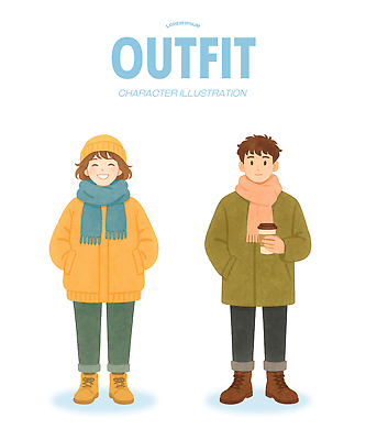 PSD 캐릭터 옷 패션 남자 커피 컬러 일러스트 털모자 부츠 따뜻함 미소 야외 친구 스카프 외투 가을 청바지 편안함 즐거움 스타일 국내일러스트 모자_잡화 계절 감정 음료 신발 상의 바지 관계 표정 사람 목도리 감각 파일형식