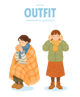 PSD 캐릭터 옷 여자 패션 행복 음료 겨울 일러스트 장신구 부츠 따뜻함 선물 스카프 코트 편안함 담요 귀마개 흰배경 과거 국내일러스트 잡화 계절 감정 백그라운드 신발 컨셉 사람 목도리 외투 흰색 감각 파일형식