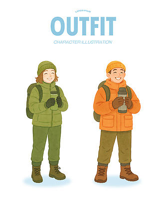 PSD 캐릭터 옷 음료 어린이 겨울 일러스트 모션 자연 따뜻함 아웃도어 초록색 주황색 등산 외투 즐거움 소통 스타일 국내일러스트 계절 감정 컬러 컨셉 상의 사람 트래킹 생태계 파일형식