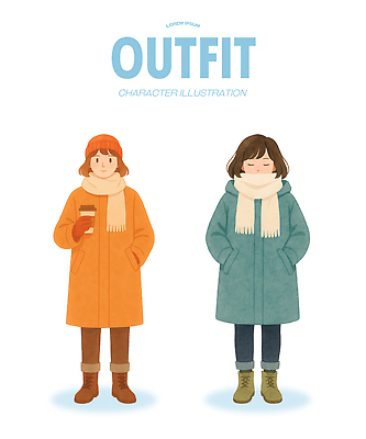 PSD 캐릭터 디자인 옷 패션 커피 겨울 일러스트 자연 아침 따뜻함 사람 파란색 친구 주황색 코트 도시 분위기 외출 기온 스타일 국내일러스트 주간 계절 음료 컬러 컨셉 관계 날씨 외투 생태계 파일형식