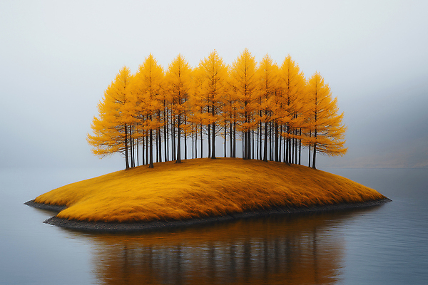 JPG 나무 편집이미지 호수 물결 섬 단풍 자연 생명 풍경 햇빛 고요 안개 가을 뷰티풀 색감 이미지편집 AI컴퓨터그래픽 AI콘텐츠 식물 계절 잎 날씨 태양 생태계 파일형식