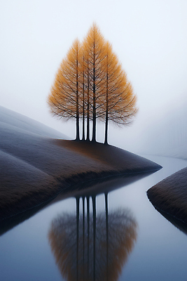 JPG 나무 편집이미지 호수 자연 아침 풍경 반사 고요 금색 안개 가을 물가 숲 수목 시너지 이미지편집 AI컴퓨터그래픽 AI콘텐츠 주간 식물 계절 컬러 날씨 생태계 파일형식