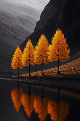 JPG 나무 편집이미지 자연 산 풍경 반사 고요 금색 가을 물가 멀리 뷰티풀 비경 색채 산맥 이미지편집 AI컴퓨터그래픽 AI콘텐츠 식물 계절 컬러 생태계 파일형식