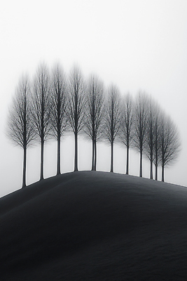 JPG 나무 편집이미지 겨울 자연 날씨 흑백 풍경 환경 침묵 고요 안개 나뭇가지 숲 언덕 조경 일렬 이미지편집 AI컴퓨터그래픽 AI콘텐츠 식물 계절 촬영기법 소리 생태계 파일형식