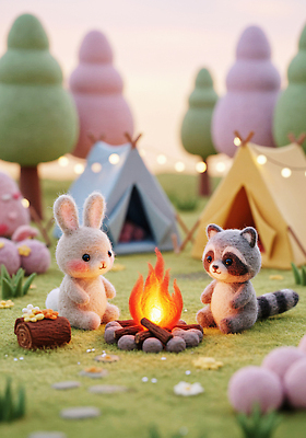 JPG 편집이미지 인형 자연 불꽃 초원 친구 평화 귀여움 캠핑 토끼 시간 저녁 모닥불 오브젝트 너구리 이미지편집 양모펠트 AI컴퓨터그래픽 AI콘텐츠 컨셉 포유류 관계 불 레저 반려동물 야간 생태계 양모 펠트 파일형식