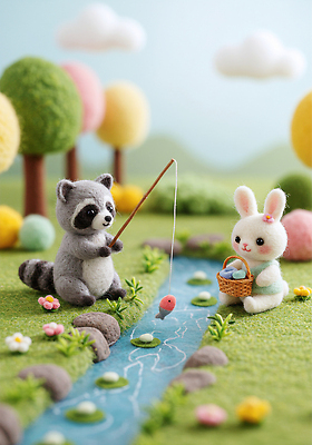 JPG 동물 편집이미지 컬러 자연 놀이 낚시 사랑 풍경 초원 장식 고양이 캠핑 토끼 강가 수공예 아기자기 이미지편집 양모펠트 AI컴퓨터그래픽 AI콘텐츠 감정 컨셉 포유류 레저 반려동물 강 공예 생태계 양모 펠트 파일형식