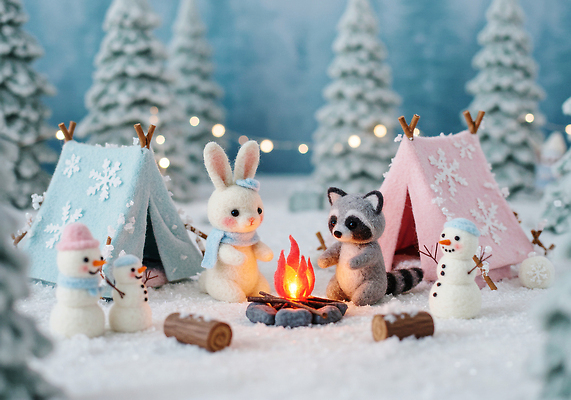 JPG 나무 편집이미지 겨울 텐트 야외 장식 귀여움 설원 캠핑 모임 눈 토끼 모닥불 오브젝트 동물인형 라쿤 이미지편집 양모펠트 AI컴퓨터그래픽 AI콘텐츠 자연요소 식물 계절 인형 컨셉 포유류 불 레저 날씨 눈_날씨 캠핑도구 반려동물 너구리 양모 펠트 파일형식