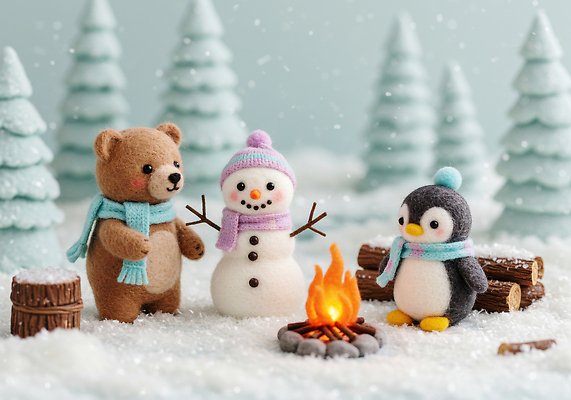 JPG 편집이미지 캐릭터 겨울 곰 눈사람 놀이 불 산 따뜻함 장식 친구 귀여움 캠핑 눈 펭귄 테마 아기자기 이미지편집 양모펠트 AI컴퓨터그래픽 AI콘텐츠 자연요소 동물 계절 컨셉 포유류 관계 조류 레저 날씨 양모 펠트 파일형식