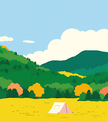 PSD 나무 여행 일러스트 자연 하늘 휴식 산 풍경 야외 초록색 소풍 노란색 캠핑 탐험 가을 즐거움 뷰티풀 평야 풍요 국내일러스트 식물 계절 감정 컬러 컨셉 레저 야외활동 생태계 파일형식