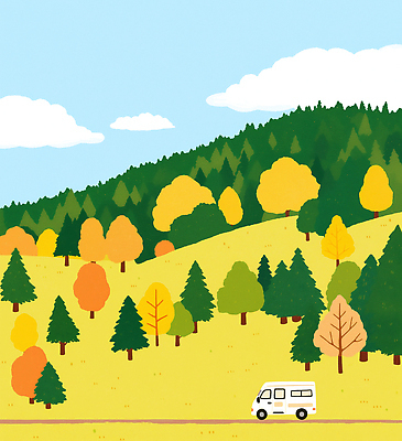 PSD 나무 식물 도로 여행 단풍 일러스트 자연 하늘 풍경 초록색 소풍 평화 캠핑 드라이브 금색 가을 숲 캠핑카 국내일러스트 계절 길 컬러 컨셉 잎 교통시설 자동차 레저 야외활동 운전 생태계 파일형식