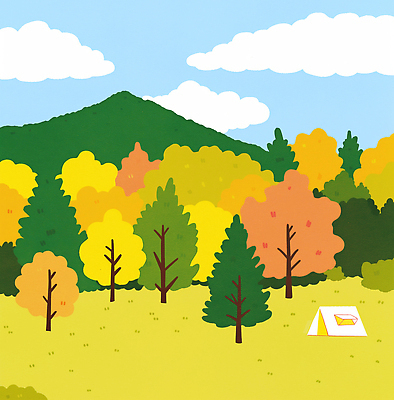 PSD 나무 구름 행복 단풍 일러스트 가족 모션 자연 하늘 아침 산 텐트 풍경 야외 초록색 여름 노란색 캠핑 가을 숲 동산 국내일러스트 주간 자연요소 식물 계절 감정 컬러 잎 관계 레저 캠핑도구 생태계 파일형식