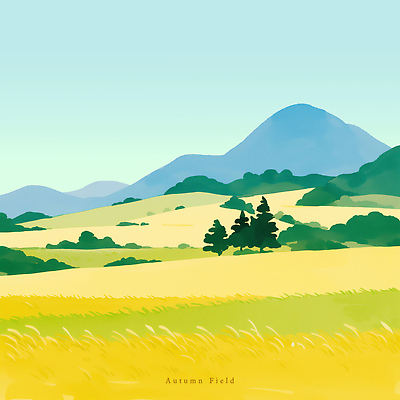 PSD 나무 여유 일러스트 자연 하늘 휴식 산 따뜻함 풍경 초원 파란색 농장 평화 농사 금색 가을 지평선 조화 전경 국내일러스트 식물 계절 감정 컬러 컨셉 농업 생태계 파일형식 탑뷰