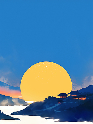 JPG 전통 건축 문화 일러스트 자연 하늘 산 한옥 한국 풍경 물 태양 평화 노을 고요 일몰 더위 저녁 조화 뷰티풀 국내일러스트 AI일러스트 AI콘텐츠 자연요소 한국전통 아시아 컨셉 고건축 날씨 야간 생태계 파일형식