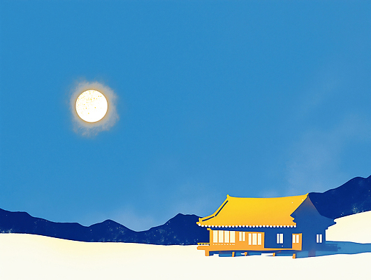 JPG 건축물 고건축 일러스트 자연 밤하늘 하늘 조명 한옥 한국 풍경 고요 문화재 보름달 밤 달빛 뷰티풀 풍경화 산맥 국내일러스트 AI일러스트 AI콘텐츠 한국전통 건축 아시아 산 견과류 달 야간 그림 생태계 파일형식