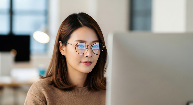 JPG 편집이미지 여자 안경 컴퓨터 사무실 환경 디지털 업무 작업 사무원 편안함 집중 창의성 의료성형뷰티 편집실사 AI인물포토 AI콘텐츠 직업 잡화 컨셉 비즈니스 사람 전자제품 감각 CG 파일형식 AI포토