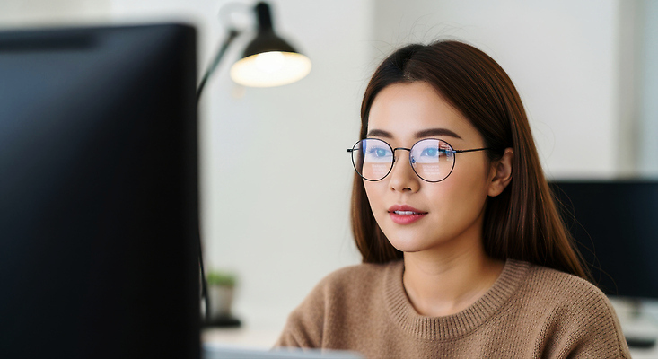 JPG 편집이미지 안경 직장 기술 표정 실험 학습 컴퓨터 사무실 환경 디지털 업무 작업 스웨터 집중 의료성형뷰티 편집실사 AI인물포토 AI콘텐츠 잡화 교육 컨셉 상의 회사 비즈니스 전자제품 CG 파일형식 AI포토