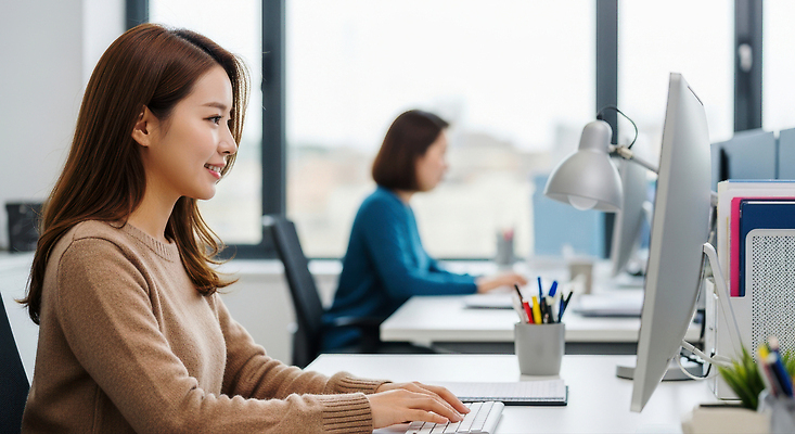 JPG 편집이미지 여자 협력 직장 기술 컴퓨터 사무실 햇빛 디지털 업무 작업 집중 창가 동료 의료성형뷰티 편집실사 AI인물포토 AI콘텐츠 컨셉 회사 비즈니스 창문 관계 사람 전자제품 태양 CG 파일형식 AI포토
