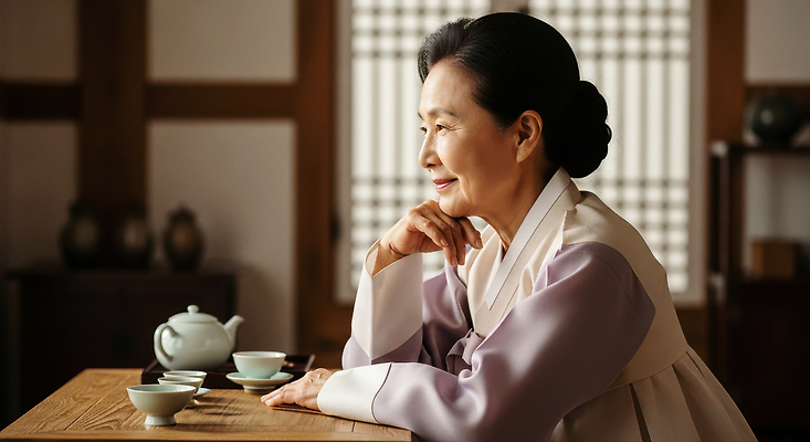JPG 편집이미지 전통 여자 문화 음료 탁자 집안 한국 따뜻함 미소 고요 시간 체험 차 다기 다도 의료성형뷰티 편집실사 AI인물포토 AI콘텐츠 아시아 가구 컨셉 실내 표정 사람 예절 CG 파일형식 AI포토