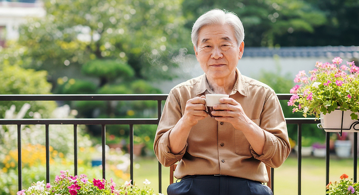 JPG 편집이미지 노년 꽃 여유 자연 휴식 일상 햇빛 평화 정원 감상 시간 차 뷰티풀 의료성형뷰티 Relaxation 편집실사 AI인물포토 AI콘텐츠 식물 감정 음료 컨셉 성인 라이프 태양 CG 생태계 파일형식 AI포토