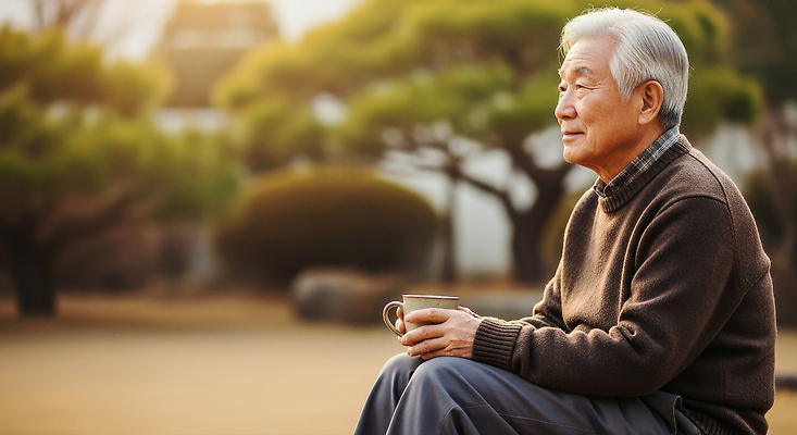 JPG 식물 편집이미지 할아버지 노년 여유 자연 대화 풍경 라이프 햇빛 평화 정원 차 명상 사색 오후 의료성형뷰티 편집실사 AI인물포토 AI콘텐츠 남자 감정 음료 컨셉 생각 말하기 성인 생활 태양 CG 생태계 파일형식 AI포토