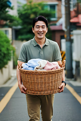 JPG 편집이미지 남자 행복 감정 여유 모션 거리 미소 일상 생활 바구니 걷기 빨래 주말 주택가 의료성형뷰티 편집실사 AI인물포토 AI콘텐츠 가사 표정 사람 라이프 CG 파일형식 AI포토