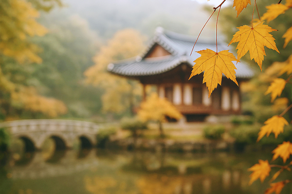 JPG 편집이미지 전통 단풍 자연 나뭇잎 한옥 한국 어류 풍경 반사 정원 고요 가을 수면 뷰티풀 가교 편집실사 AI포토 AI콘텐츠 한국전통 건축물 계절 아시아 고건축 잎 물 수중동물 CG 생태계 파일형식