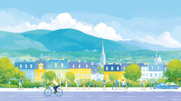 JPG 라이프스타일 이동 일러스트 자연 하늘 날씨 거리 거리풍경 풍경 여러명 여름 걷기 자전거 봄 산책 활발 도시 편안함 국내일러스트 AI일러스트 AI콘텐츠 계절 다수 컨셉 모션 휴식 사람 생활 바이크 감각 생태계 파일형식