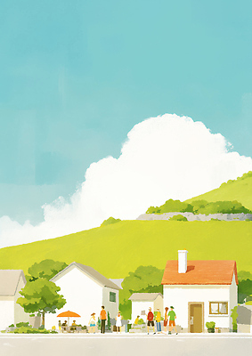 JPG 여유 일러스트 자연 하늘 주택 대화 풍경 일상 라이프 초록색 햇빛 마을 맑음 고요 산책 언덕 조화 뷰티풀 주민 국내일러스트 AI일러스트 AI콘텐츠 감정 컬러 날씨 휴식 말하기 건물 생활 태양 생태계 파일형식