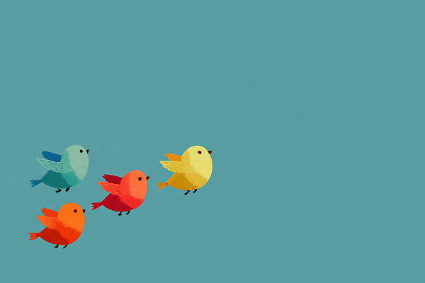 JPG 동물 컬러 일러스트 노래 모션 자연 하늘 생명 형상 풍경 파란색 자유 비행 그룹 즐거움 조화 색채 아기새 국내일러스트 AI일러스트 AI콘텐츠 감정 새끼 음악 컨셉 조류 생태계 파일형식