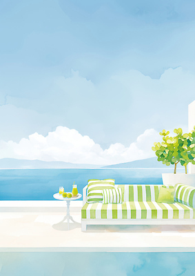 JPG 식물 디자인 바다 컬러 일러스트 자연 탁자 해변 여름 인테리어 소파 햇빛 평화 정원 휴식처 국내일러스트 AI일러스트 AI콘텐츠 계절 가구 컨셉 의자 휴식 태양 생태계 파일형식