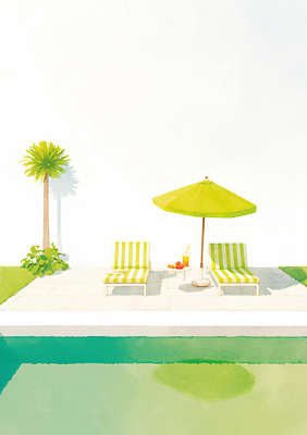 JPG 디자인 의자 과일 일러스트 날씨 휴식 열대 수영장 풍경 초록색 여름 햇빛 소풍 평화 수영 줄무늬 공간 발코니 파라솔 조경 국내일러스트 AI일러스트 AI콘텐츠 계절 컬러 가구 컨셉 무늬 태양 야외활동 수상스포츠 파일형식