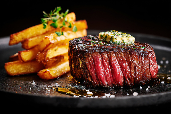 JPG 편집이미지 음식 육류 스테이크 요리 장식 레스토랑 식사 감자튀김 고급 맛 저녁 버터 고기요리 편집실사 AI포토 AI콘텐츠 컨셉 식재료 감자 서양음식 식당 튀김 야간 CG 파일형식