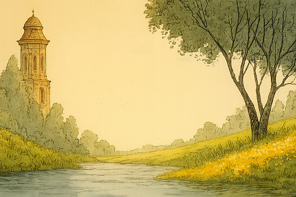 JPG 나무 여유 일러스트 자연 아침 풍경 초원 강 햇빛 평화 일출 탑 고요 시골 숲 뷰티풀 국내일러스트 AI일러스트 AI콘텐츠 주간 식물 건축물 감정 컨셉 태양 노을 생태계 파일형식