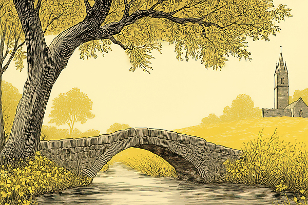 JPG 나무 여유 일러스트 자연 풍경 초원 일상 교회 고요 흐름 전원 농촌 소나무 개울 작음 돌다리 뷰티풀 오후 국내일러스트 AI일러스트 AI콘텐츠 식물 감정 컨셉 종교건축 건물 라이프 강 시골 다리_건축물 전기에너지 크기 생태계 파일형식