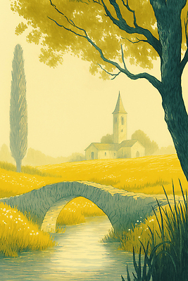 JPG 나무 예술 여행 일러스트 자연 수채화 풍경 초원 여름 강 햇빛 교회 평화 봄 시골 숲 기념물 뷰티풀 가교 국내일러스트 AI일러스트 AI콘텐츠 식물 건축물 계절 컨셉 종교건축 건물 태양 생태계 파일형식