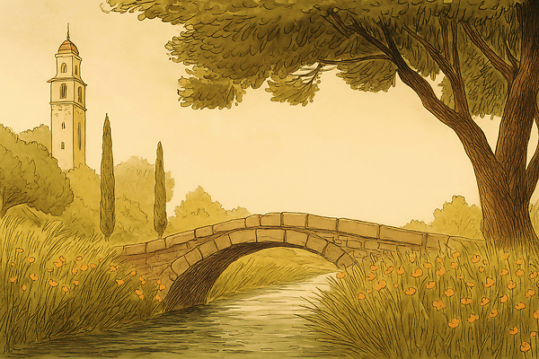 JPG 나무 공원 꽃 컬러 일러스트 자연 풍경 초원 건물 여름 평화 고요 돌_바위 물가 시계탑 조경 수목 가교 차분 국내일러스트 AI일러스트 AI콘텐츠 식물 건축물 계절 공공시설 컨셉 탑 생태계 파일형식