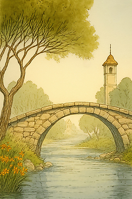 JPG 나무 꽃 꽃밭 일러스트 자연 하늘 아침 수채화 풍경 여름 강 평화 탑 소리 산책 힐링 수로 조용 돌다리 뷰티풀 국내일러스트 AI일러스트 AI콘텐츠 주간 식물 건축물 계절 컨셉 휴식 다리_건축물 생태계 파일형식